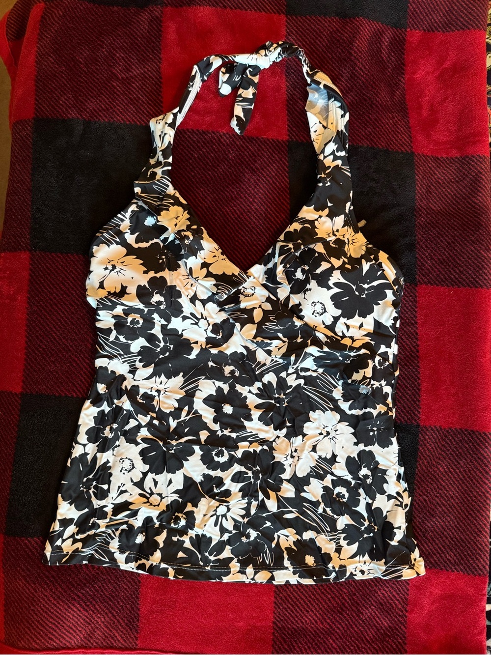 NEW Women’s Black & White Floral Halter Swim Tank Top Sz S